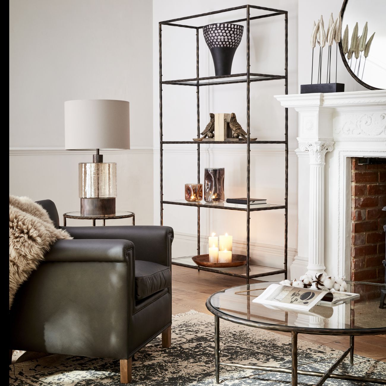 Libra Interiors Patterdale Hand Forged Shelving Unit Table Dark Bronze with Glass Shelves