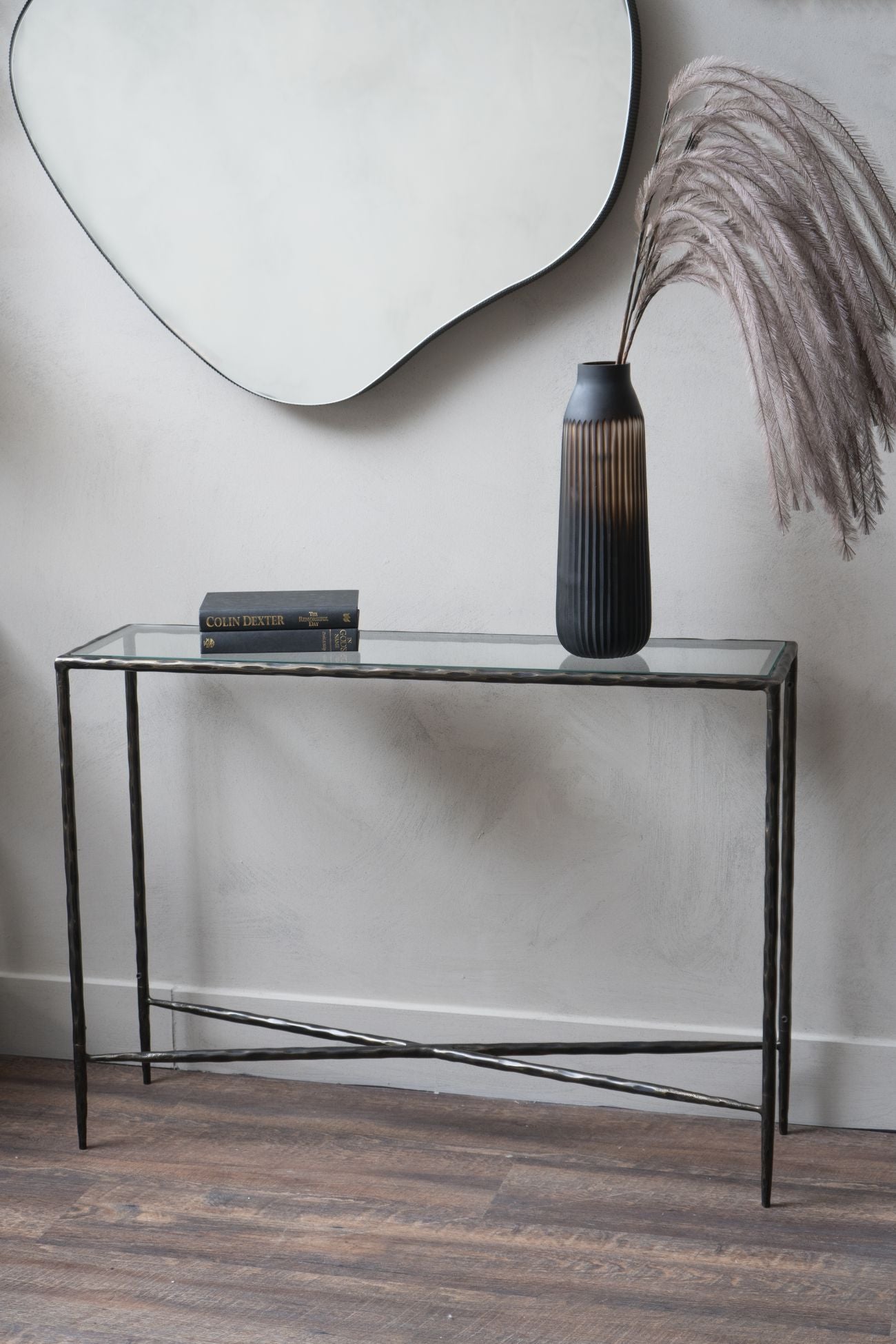 Libra Interiors Patterdale Hand Forged Console Table Small Dark Bronze with Glass Top